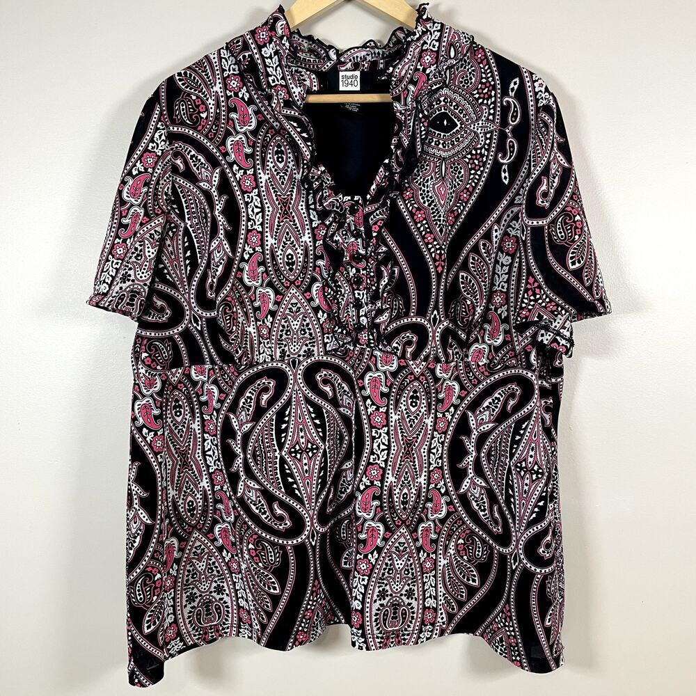 STUDIO 1940 Womens 22 Black & Pink Paisley Print Empire Waist y2k Ruffle V-Neck